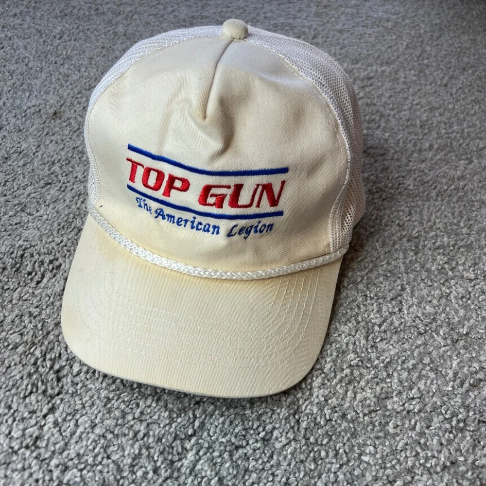 vtg Top Gun trucker hat mens Cream Mesh Adjustable cap snapback 90s 80s - Picture 1 of 9